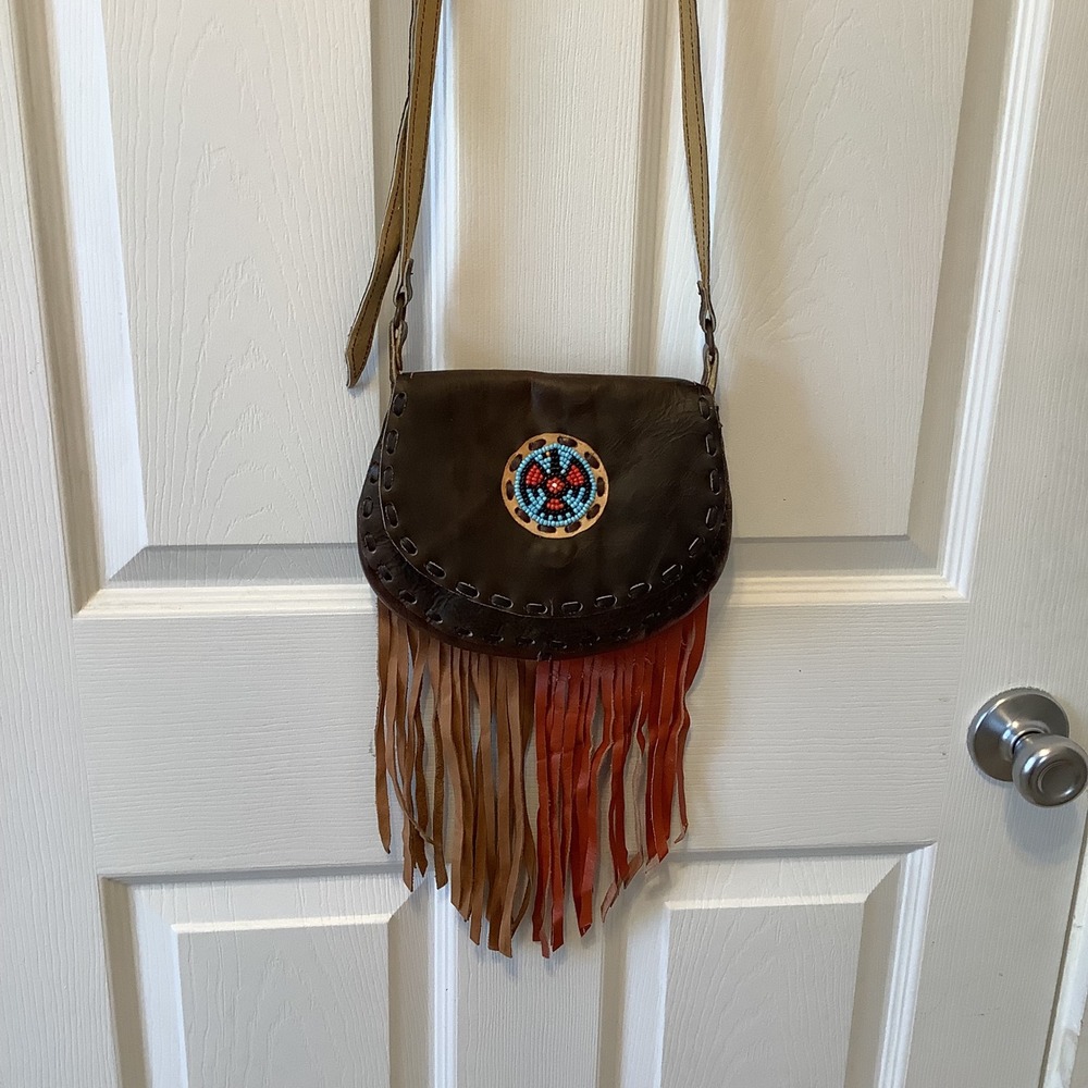 Han Leather Fringe Crossbody Bag Brown Beaded Medallion Western Bohodcr '